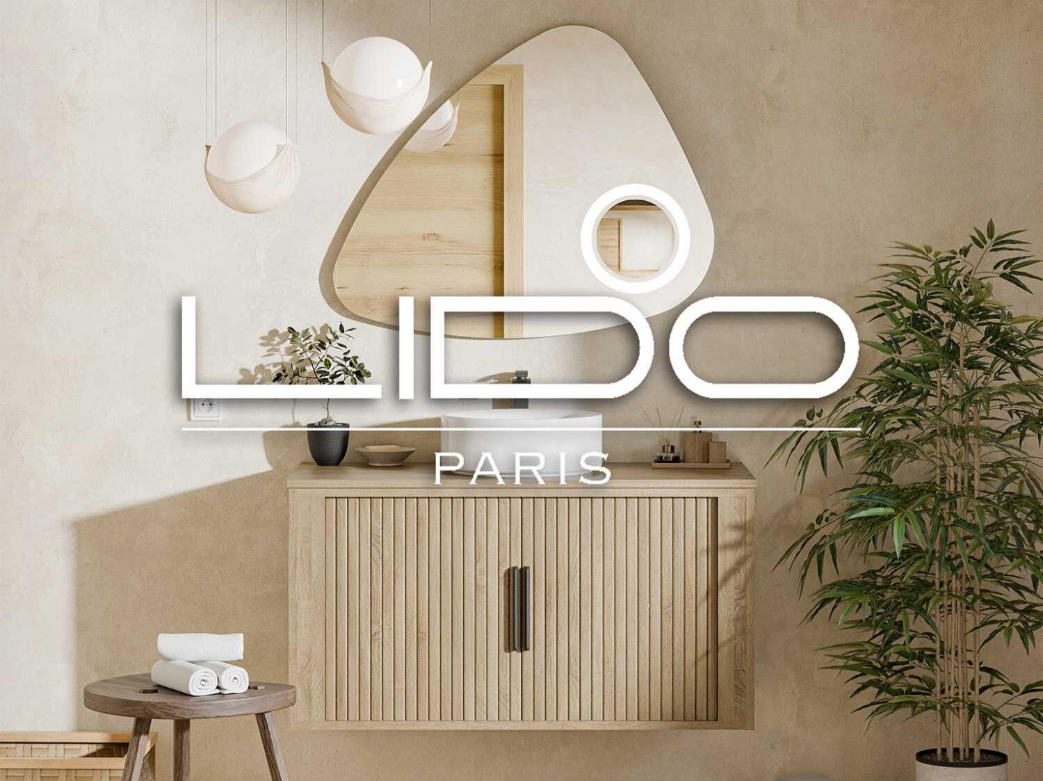 Visualisation 3D du meuble Nagoya, une création de 2023 par LIDO Paris. La marque est spécialisée dans les meubles de salle de bain pour les professionnels. Le meuble Nagoya adopte un style Japandi, caractérisé par ses portes coulissantes qui minimisent l'